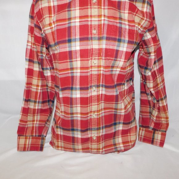 Eddie Bauer Men S Relaxed Fit Red Cream Blue Plaid Button Front LS Flannel Shirt - Picture 5 of 9